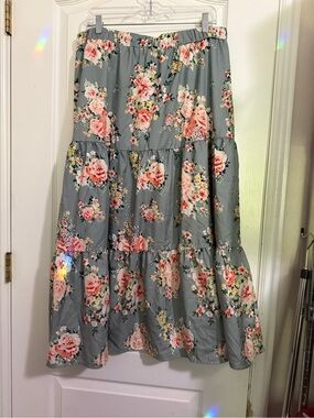 Sage Green Floral Tiered Maxi Skirt